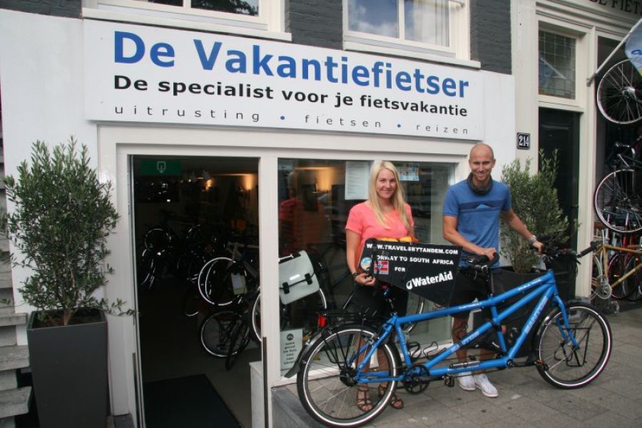 Suzan and Rasmus are a Swedish couple. They left Sweden on an antique tandem, made it to Amsterdam with only 5 serious repairs and hoped to reach South Africa. When our mechanic was working on their bicycle, they took our showroom model for a ride.
When their old tandem was repaired, we shipped it back to Sweden. Suzan and Rasmus continued their quest on our Santos Double Travel. I am sure it will reach South Africa with a lot less repairs.

This is their website: www.travelsbytandem.com/se